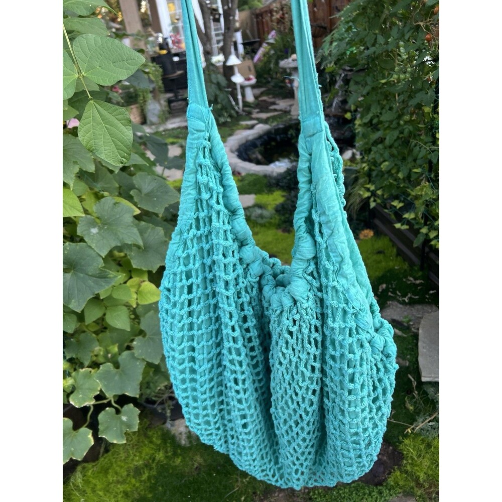 Vintage 1980s Jeffrey Lawrence Turquoise Cotton Net Hobo Bag Boho Vintage India